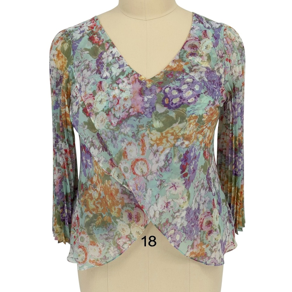 Hot in Hollywood Blouse Floral Pleated Sleeve V-Neck Mint XL